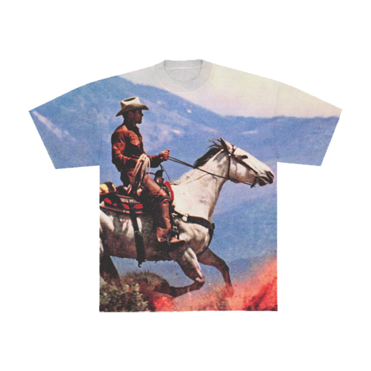 Front of a T-shirt with Cowboy on a horse with a mountainous background 