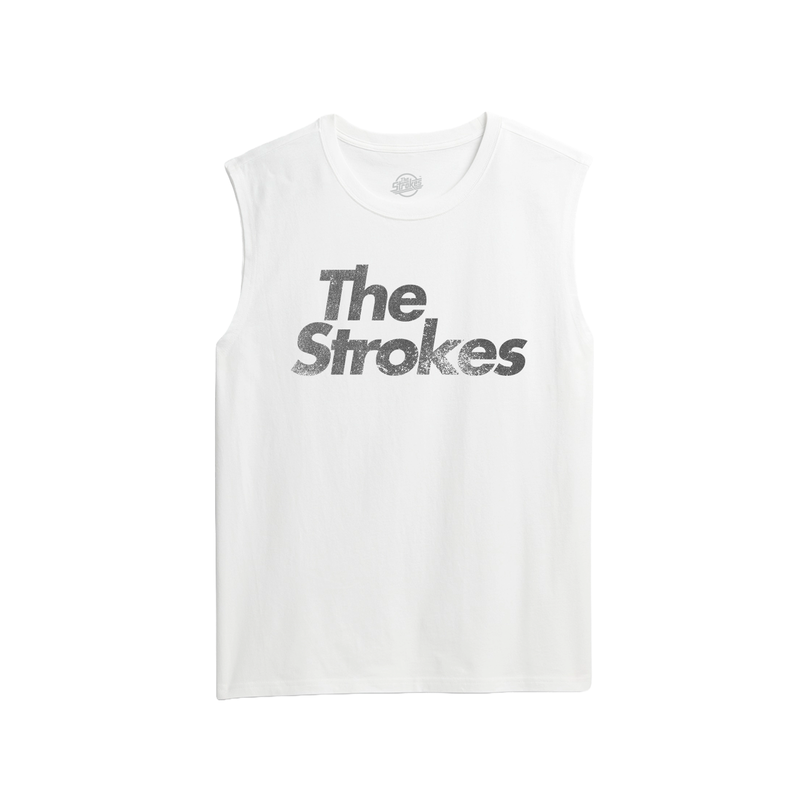 White sleeveless shirt with stressed 'The Strokes' text across the chest. 