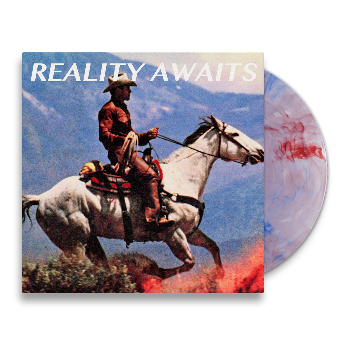 The Strokes Reality Awaits Vinyl record with a cowboy on a horse in front of a mountainous background. The Marble Colored Vinyl is poking out of the packaging to showcase the color variant. 